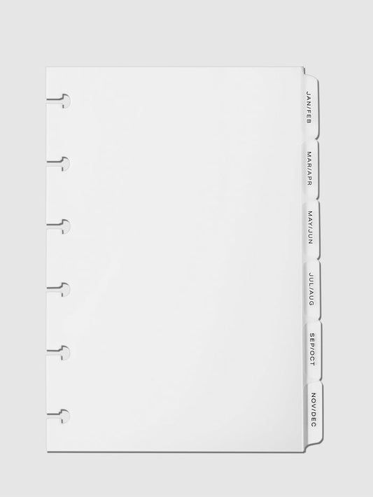 Monthly Side Tab Planner Dividers, Low Profile, Matte. Black foil tabs displayed on a neutral background.