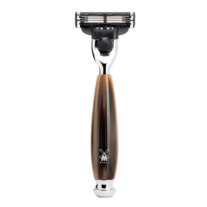 MÜHLE Vivo Brown Horn 4-Piece Black Fiber & Mach-3 Shaving Set, Razor