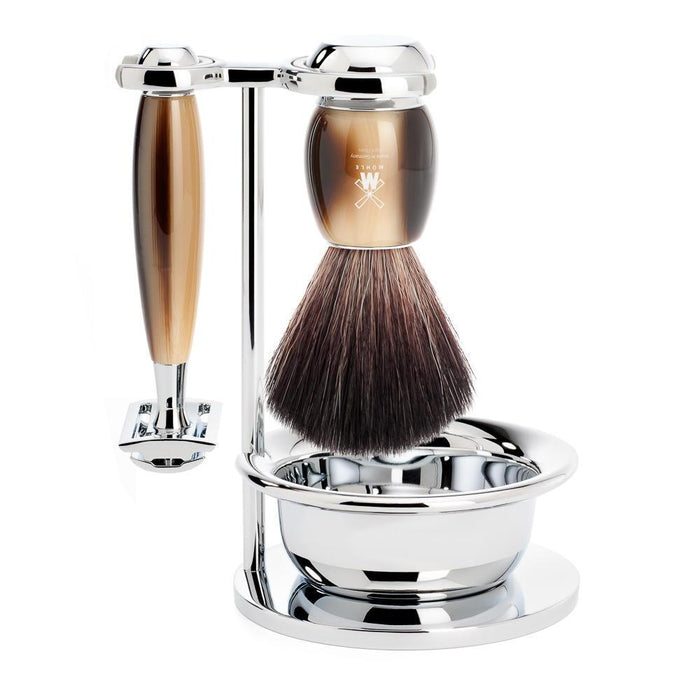 MÜHLE VIVO 4 Pc. Shaving Set, Black Fibre Brush & Safety Razor, Horn Brown