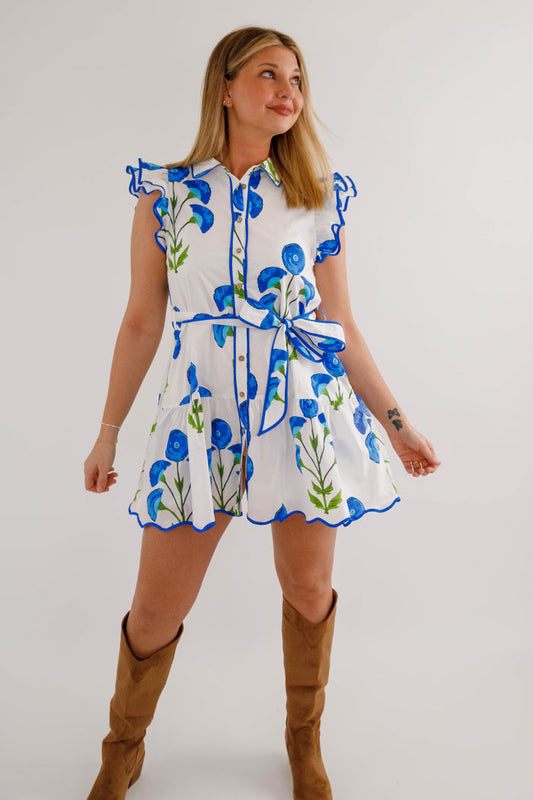 Blue Floral Button Front Mini Dress- Women's Summer Dress- Entro Dresses