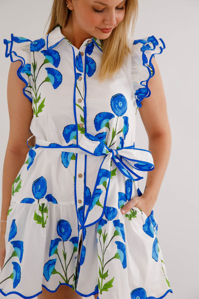 Blue Floral Button Front Mini Dress- Women's Summer Dress- Entro Dresses
