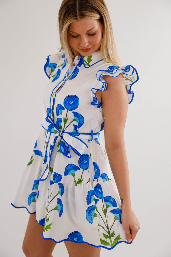 Blue Floral Button Front Mini Dress- Women's Summer Dress- Entro Dresses