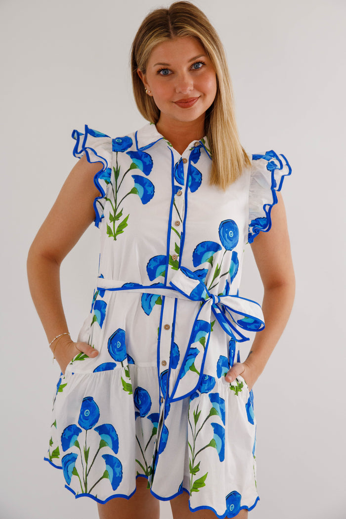 Blue Floral Button Front Mini Dress- Women's Summer Dress- Entro Dresses