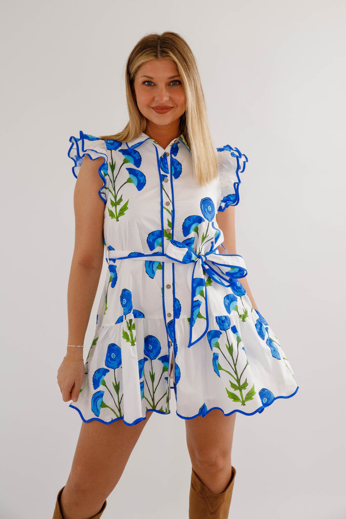 Blue Floral Button Front Mini Dress- Women's Summer Dress- Entro Dresses