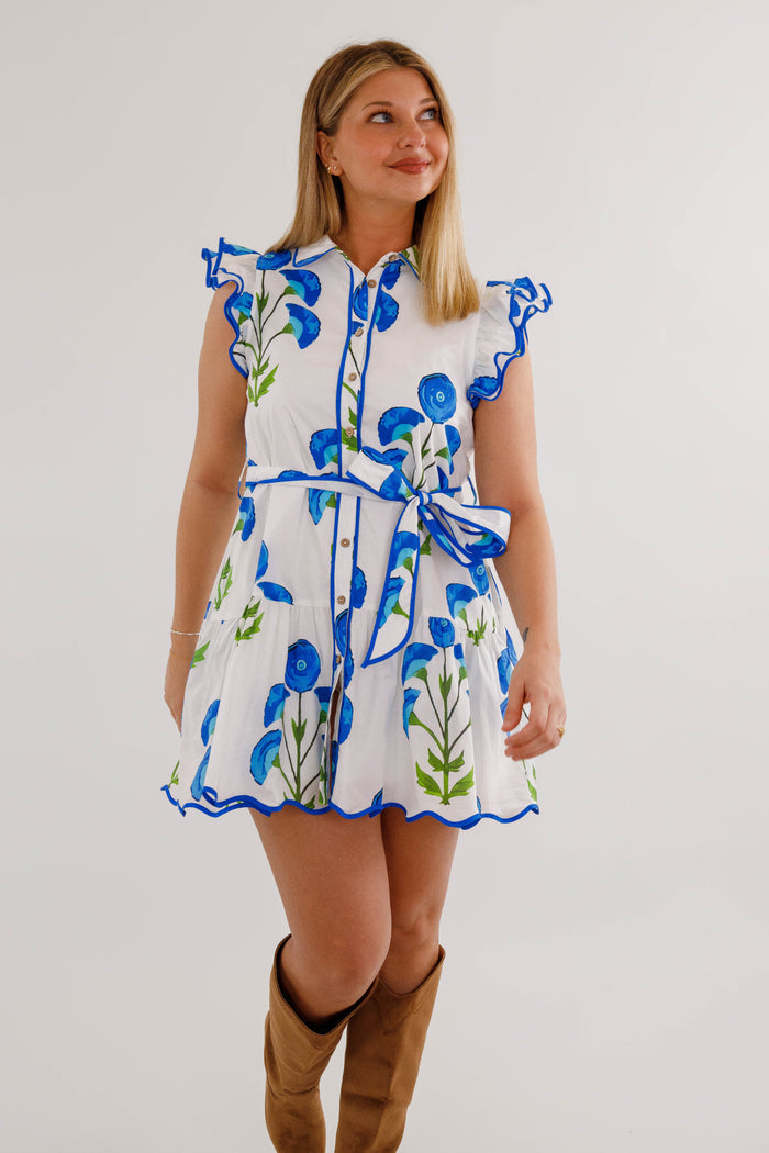 Blue Floral Button Front Mini Dress- Women's Summer Dress- Entro Dresses