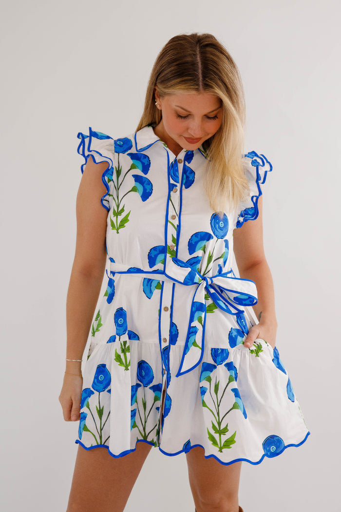 Blue Floral Button Front Mini Dress- Women's Summer Dress- Entro Dresses