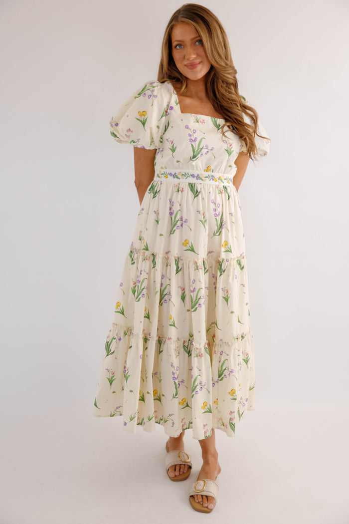 Cream Floral Puff Sleeve Midi Dress – Romantic Wildflower Cottagecore Dress- Mable Floral Midi Dress
