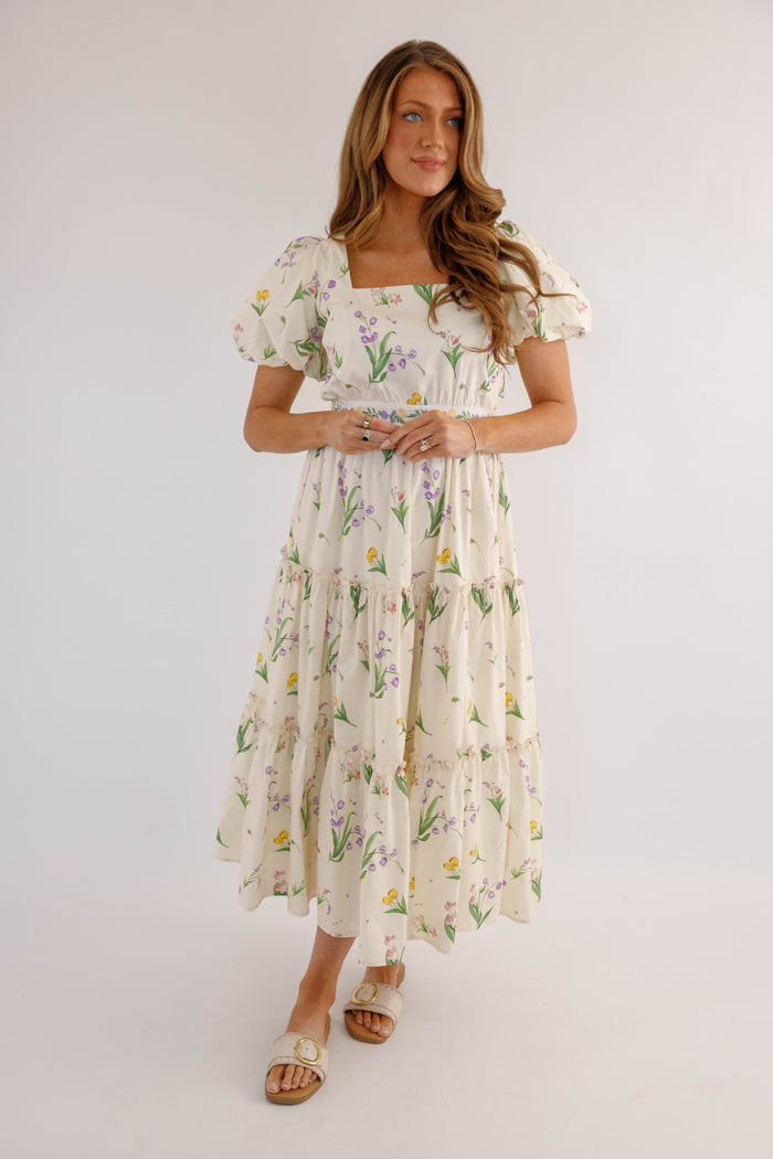Cream Floral Puff Sleeve Midi Dress – Romantic Wildflower Cottagecore Dress- Mable Floral Midi Dress