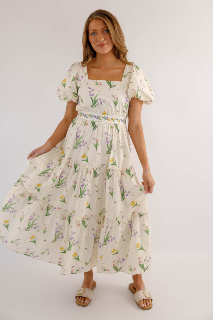 Cream Floral Puff Sleeve Midi Dress – Romantic Wildflower Cottagecore Dress- Mable Floral Midi Dress