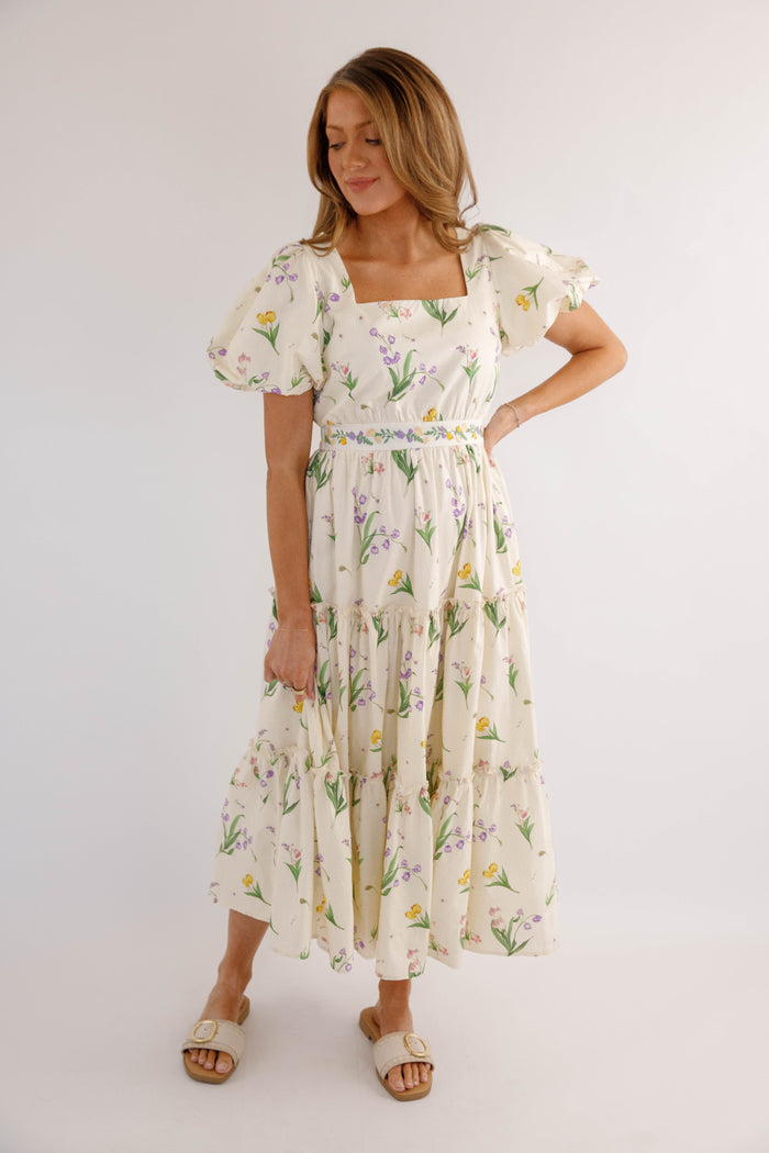 Cream Floral Puff Sleeve Midi Dress – Romantic Wildflower Cottagecore Dress- Mable Floral Midi Dress