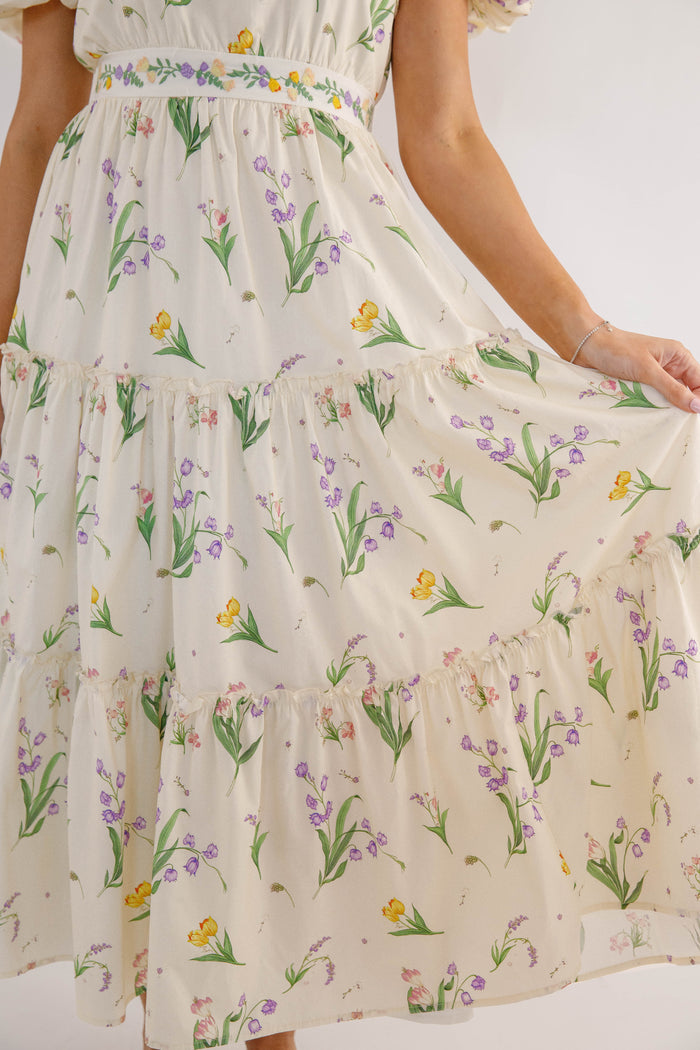 Cream Floral Puff Sleeve Midi Dress – Romantic Wildflower Cottagecore Dress- Mable Floral Midi Dress