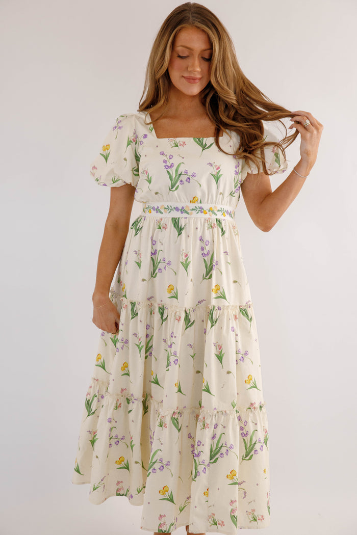 Cream Floral Puff Sleeve Midi Dress – Romantic Wildflower Cottagecore Dress- Mable Floral Midi Dress