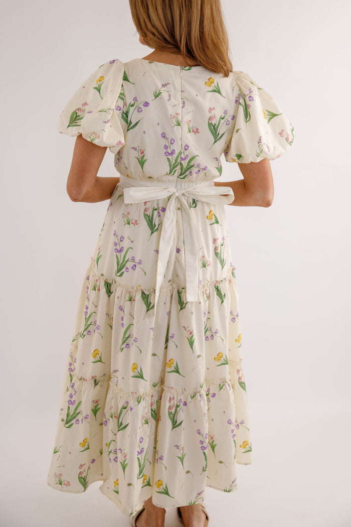 Cream Floral Puff Sleeve Midi Dress – Romantic Wildflower Cottagecore Dress- Mable Floral Midi Dress