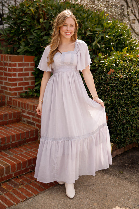 Dusty Grey Lace Trim Maxi Dress – Romantic Flutter Sleeve Dress- In Loom Grey Maxi