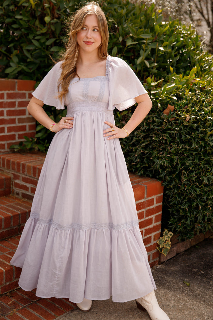 Dusty Grey Lace Trim Maxi Dress – Romantic Flutter Sleeve Dress- In Loom Grey Maxi