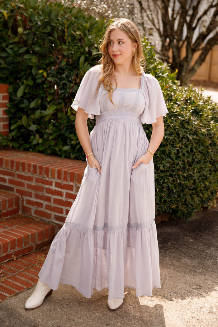 Dusty Grey Lace Trim Maxi Dress – Romantic Flutter Sleeve Dress- In Loom Grey Maxi