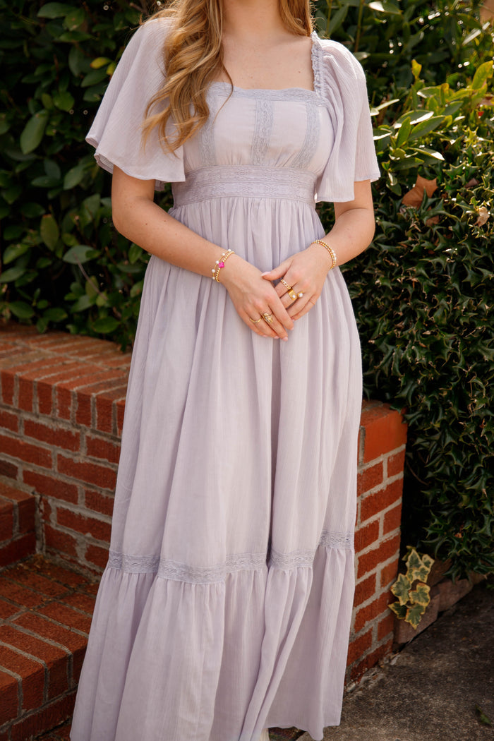 Dusty Grey Lace Trim Maxi Dress – Romantic Flutter Sleeve Dress- In Loom Grey Maxi