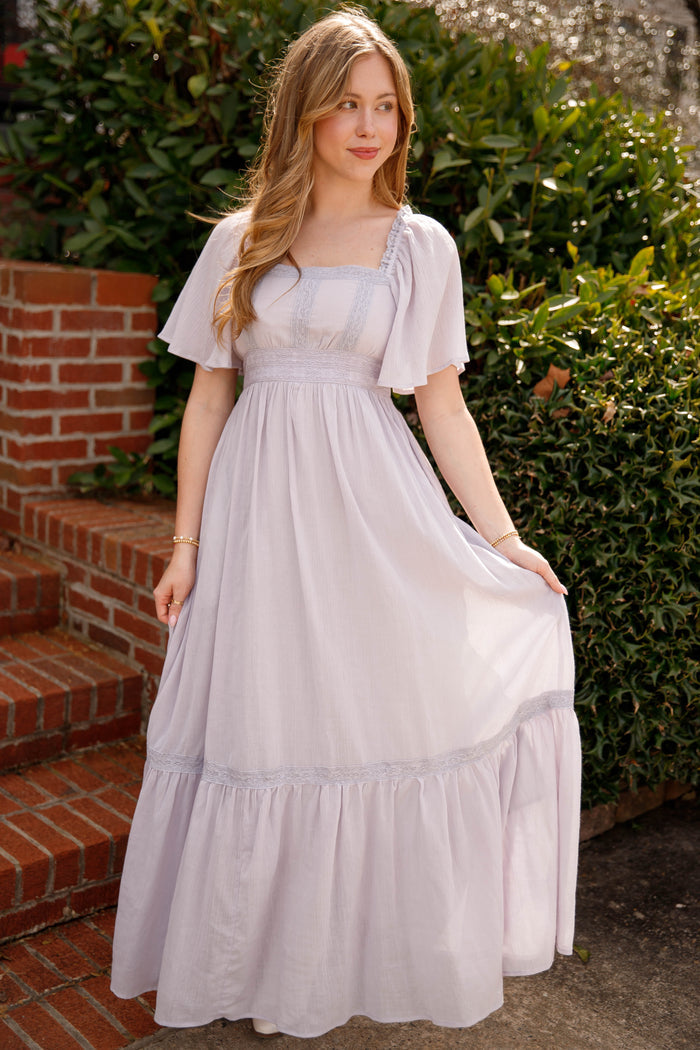 Dusty Grey Lace Trim Maxi Dress – Romantic Flutter Sleeve Dress- In Loom Grey Maxi