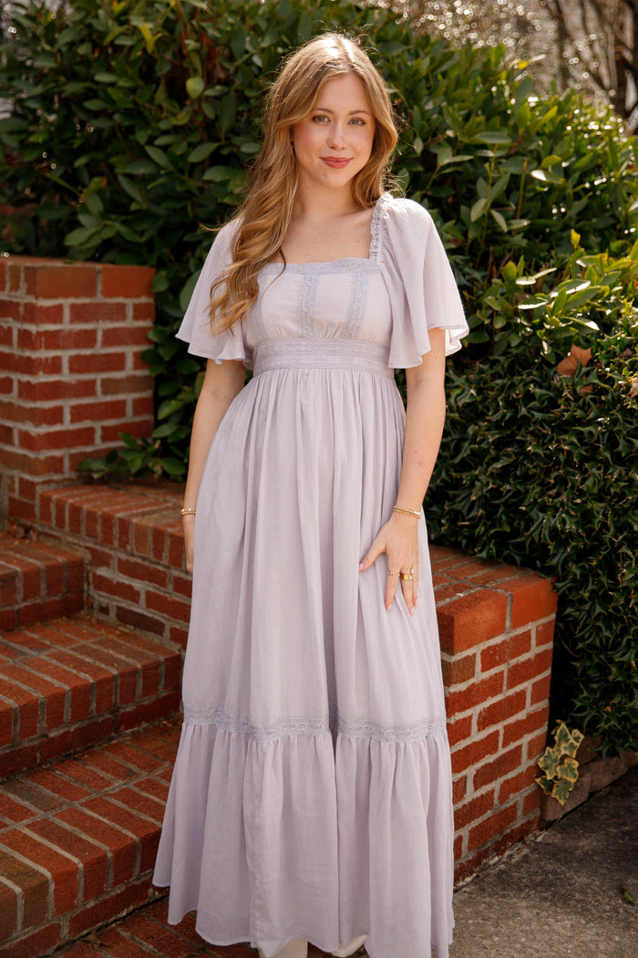 Lavender Lace Trim Maxi Dress – Romantic Flutter Sleeve Dress- In Loom Grey Maxi