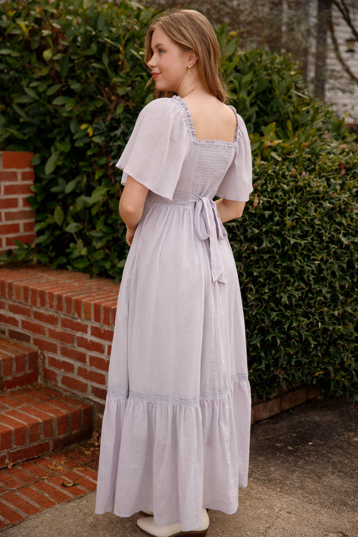 Lavender Lace Trim Maxi Dress – Romantic Flutter Sleeve Dress- In Loom Grey Maxi