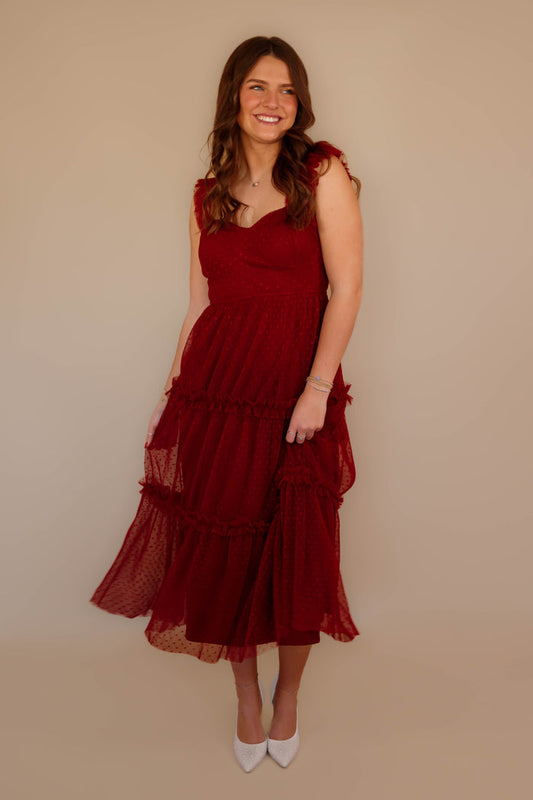 Wine Colored Midi Dress- Tulle Swiss Dot Midi Dress- BluPepper Dresses