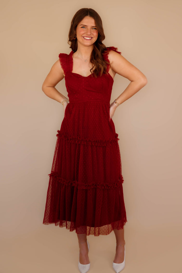 Wine Colored Midi Dress- Tulle Swiss Dot Midi Dress- BluPepper Dresses