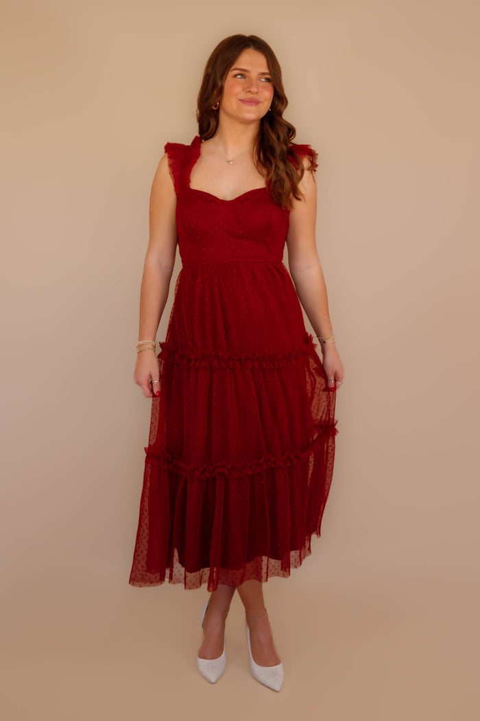 Wine Colored Midi Dress- Tulle Swiss Dot Midi Dress- BluPepper Dresses