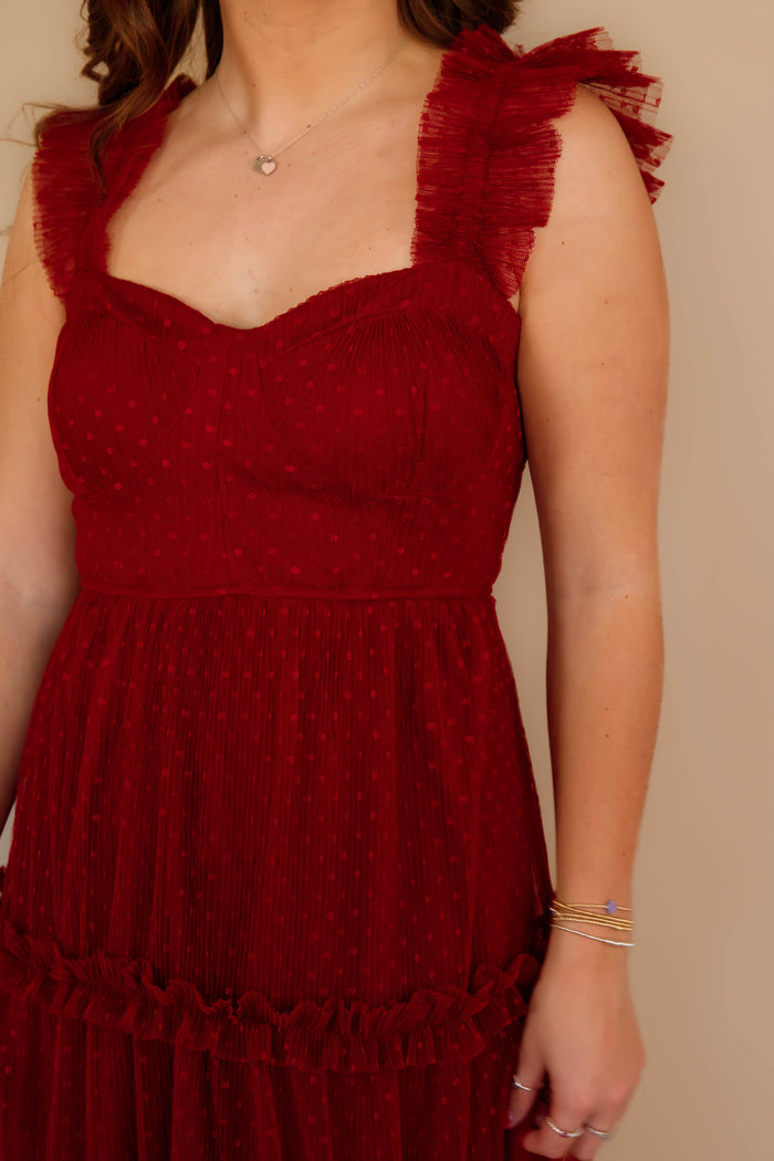 Wine Colored Midi Dress- Tulle Swiss Dot Midi Dress- BluPepper Dresses
