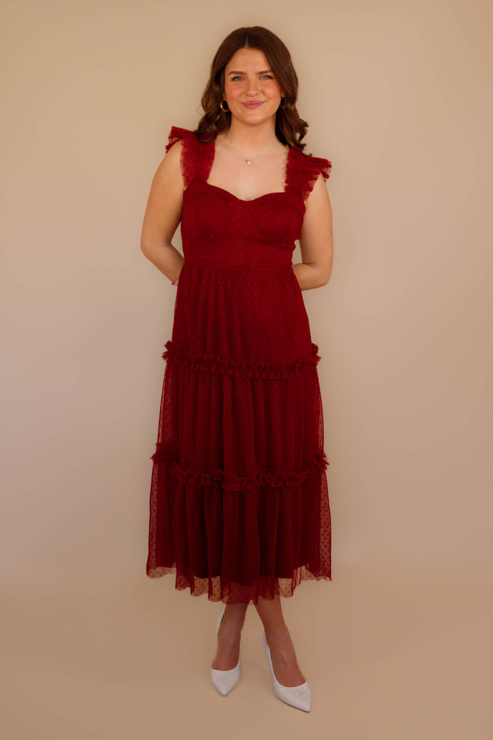 Wine Colored Midi Dress- Tulle Swiss Dot Midi Dress- BluPepper Dresses