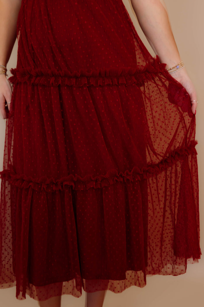 Wine Colored Midi Dress- Tulle Swiss Dot Midi Dress- BluPepper Dresses