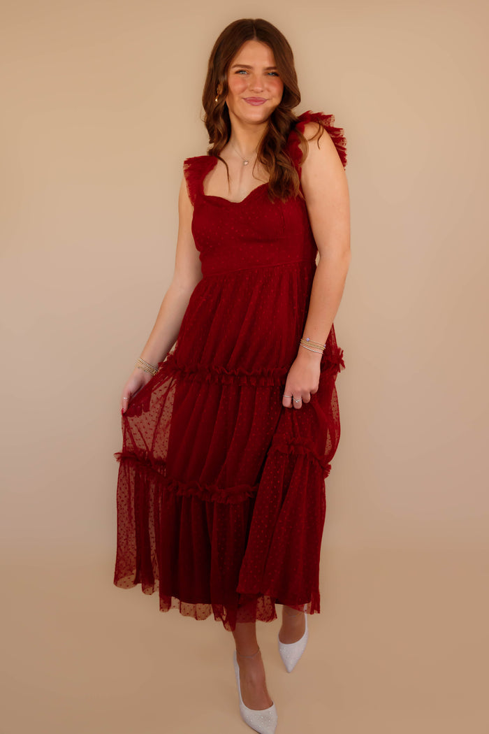 Wine Colored Midi Dress- Tulle Swiss Dot Midi Dress- BluPepper Dresses