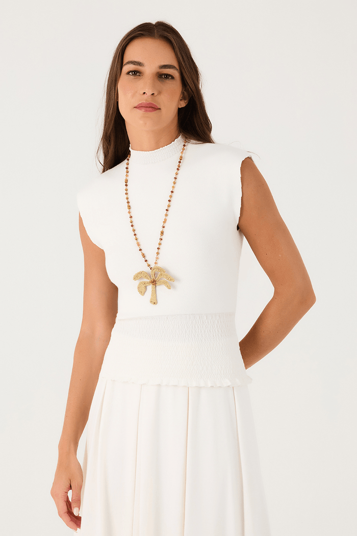 Natural And Gold Coqueiro Straw Beads Necklace_2