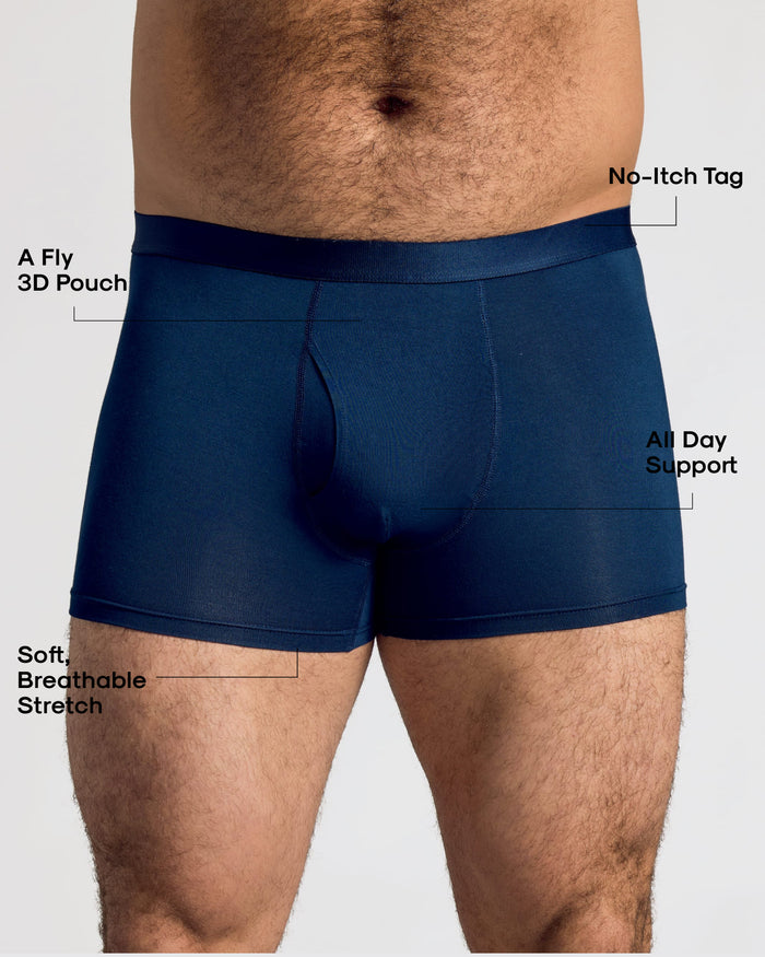 Navy Boxer Trunks W/ Fly 6-Pack highlighting comfort and support features.