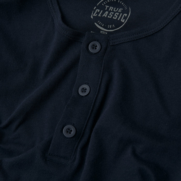 Navy Classic Long Sleeve Henley with round neckline and three-button placket.