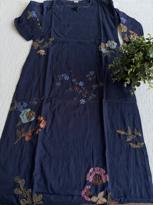Navy Floral emb mul cotton suit set