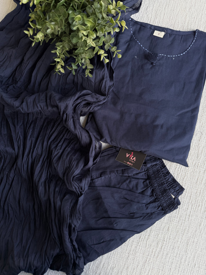 Navy Floral emb mul cotton suit set