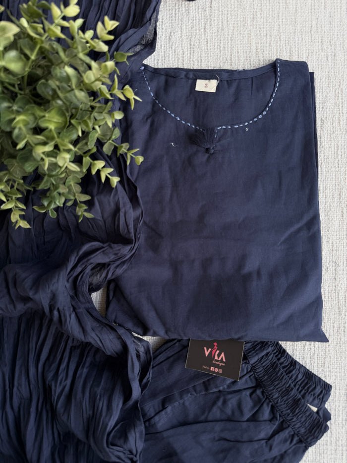 Navy Floral emb mul cotton suit set