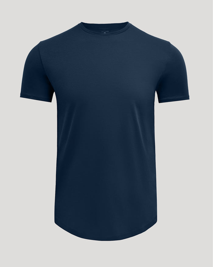 Navy Pima Cotton Blend Curved Hem Crew shirt displayed on a neutral background, featuring a smooth, soft fabric and classic crew neckline for men's basics.