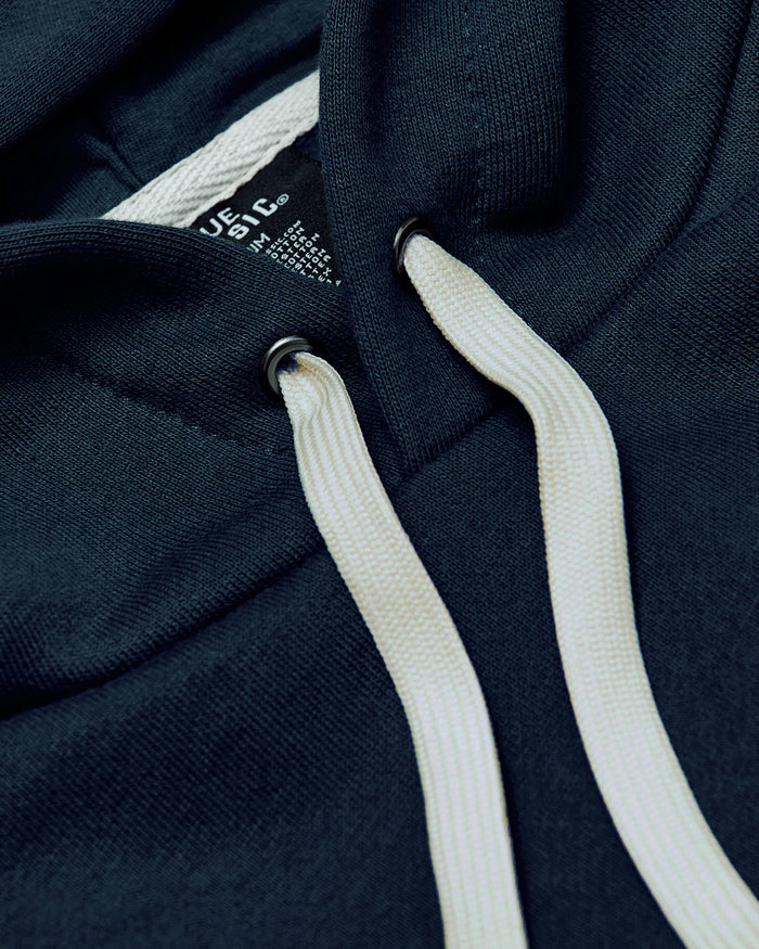 Navy Tall Fleece French Terry Pullover Hoodie hood with off-white drawcords.