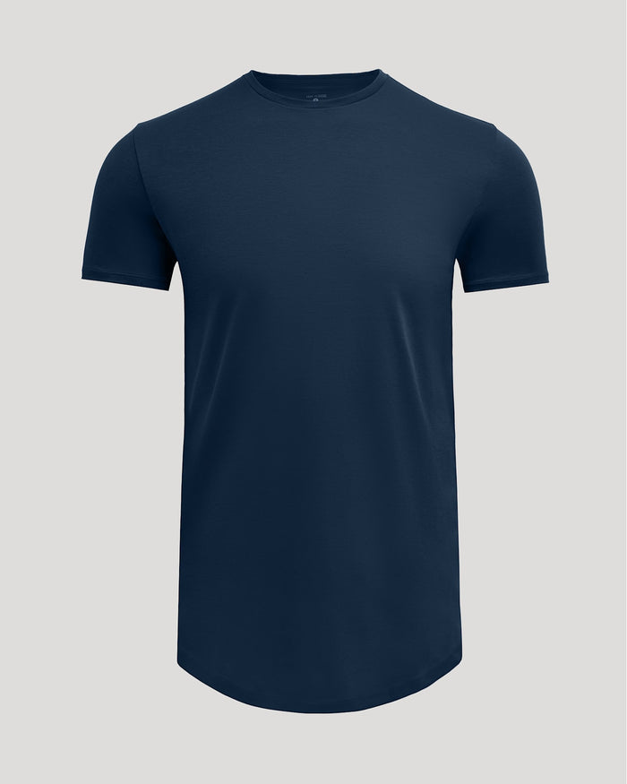 Navy Tall Pima Cotton Blend Curved Hem Crew in solid navy blue, featuring a classic crew neck and short sleeves, designed as a comfortable men's basic essential.