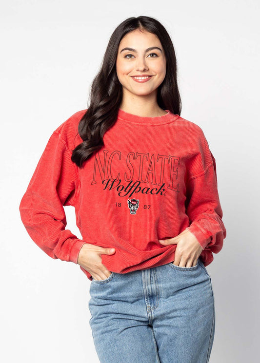 NC State Wolfpack Unisex Red Oversized Premium cotton corded fleece Sweatshirt with Super soft hand feel, vintage wash and ribbed crew neckline, cuffs, and hemline