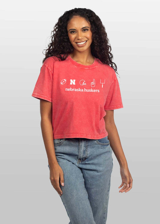 Nebraska Cornhuskers Women's Cardinal Relaxed, boxy Mineral wash T-Shirt with Crew neck and short sleeves