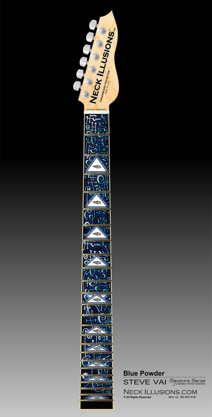 image of guitar neck with a fret protector on it against a black to grey to white gradient background. it has a lot of abstract shapes in black, white, and light blue. some of the spaces have white triangles with a black outline with the steve vai logo in the center. The steve vai logo makes the word "vai" with an upside down triangle, a right side up one, and a line going across the triangles with a curl at the end next to the triangle that is upright.