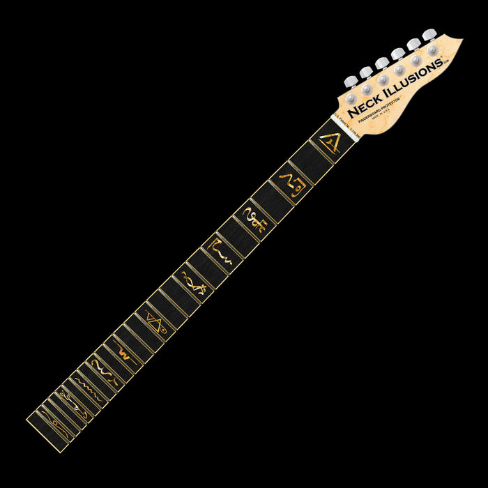 image of a guitar neck against a black background. there is a fret protector on the guitar. It is black with multi-color symbols on nearly every other fret. One fret has the steve vai logo on it. The steve vai logo makes the word "vai" with an upside down triangle, a right side up one, and a line going across the triangles with a curl at the end next to the triangle that is upright.