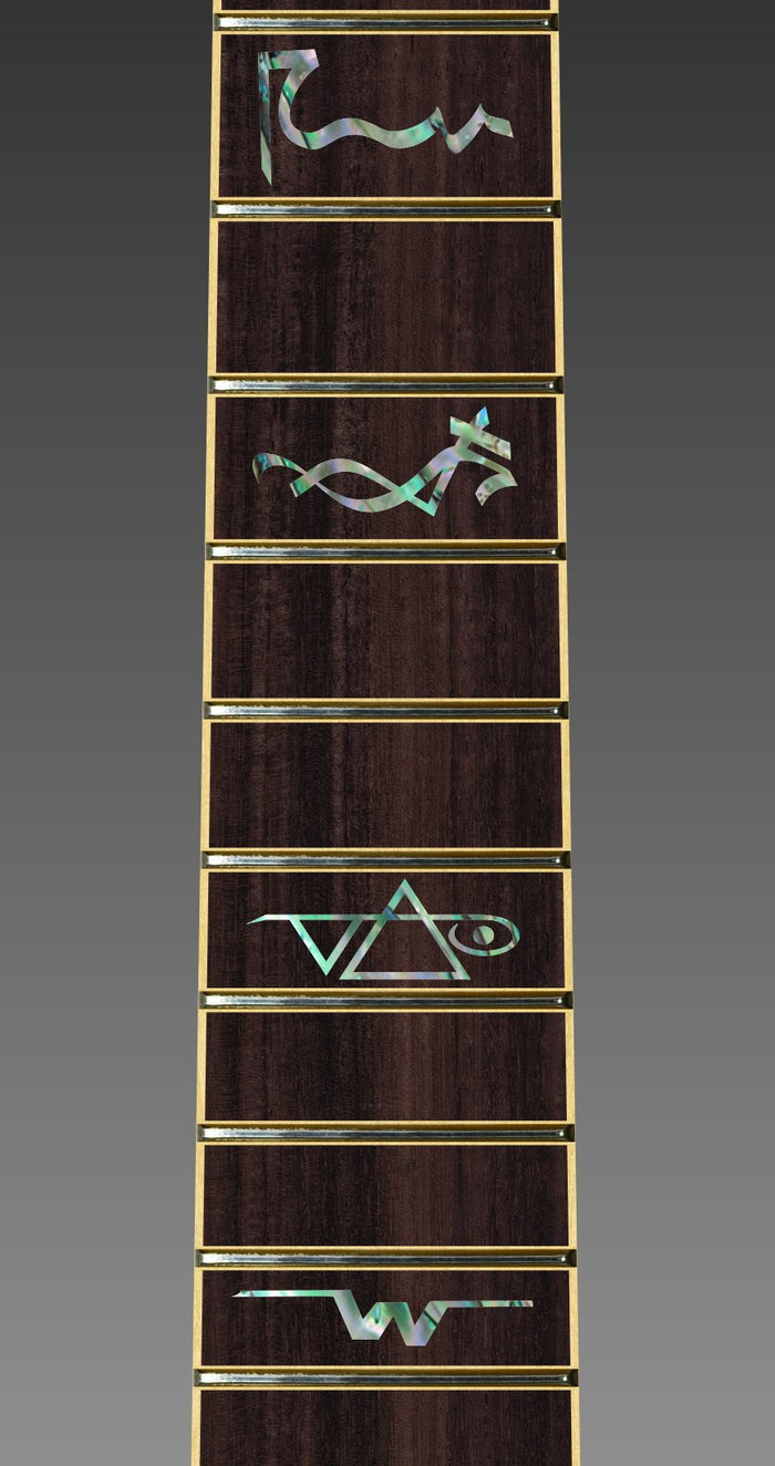 close up image of a guitar neck against a grey background. there is a fret protector on the guitar. It is a dark wood color with blue and grey multi-color symbols on nearly every other fret. One fret has the steve vai logo on it. The steve vai logo makes the word "vai" with an upside down triangle, a right side up one, and a line going across the triangles with a curl at the end next to the triangle that is upright.