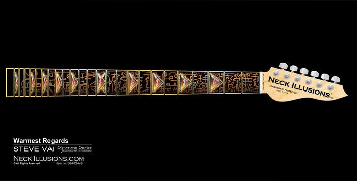 close up image of a guitar neck against a black background. there is a fret protector on the guitar. It is black with light brown symbols all over it. Every other fret has a brown, black and greenish triangle on it with a white steve vai logo in the center of it. The steve vai logo makes the word "vai" with an upside down triangle, a right side up one, and a line going across the triangles with a curl at the end next to the triangle that is upright.