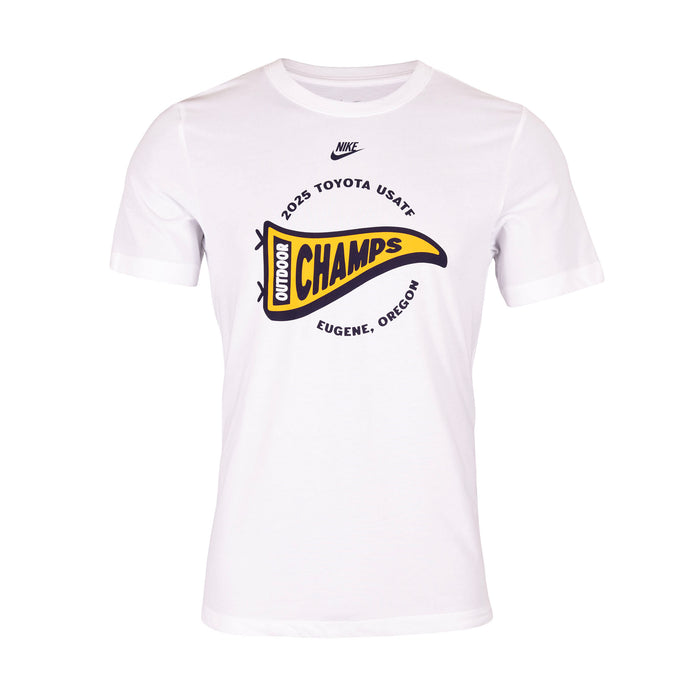 White t-shirt with '2025 Toyota USATF Outdoor Champs' graphic on a white background