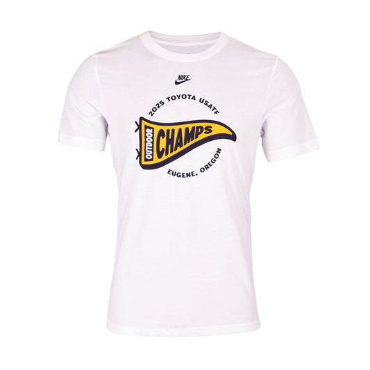 White t-shirt with '2025 Toyota USATF Outdoor Champs' graphic on a white background