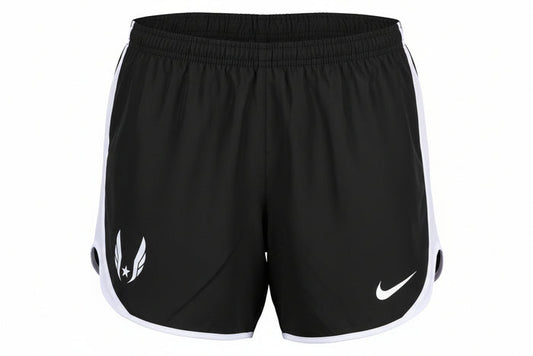 Black Nike shorts with white USATF Wings on a white background