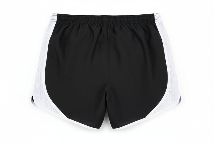 Black shorts with white trim on a white background